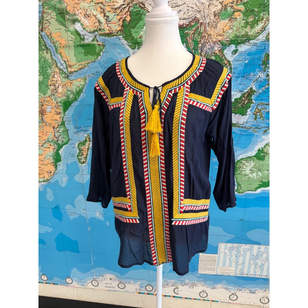 THML Navy Blue Embroidered Tassel Peasant Blouse Top Medium Boho Geometric